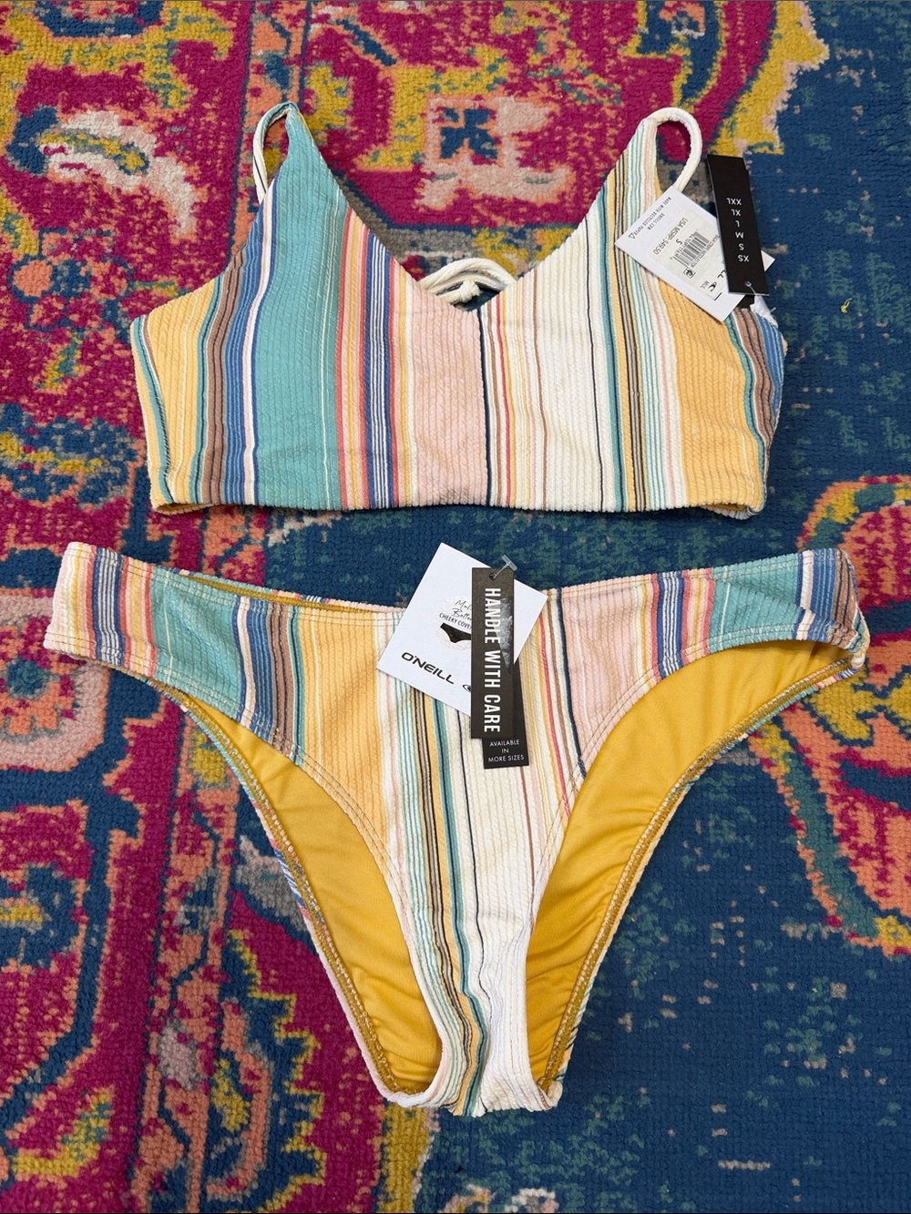 O'Neill Women's Striped Ribbed Bikini Set - Yellow/Blue/Pink new with tags